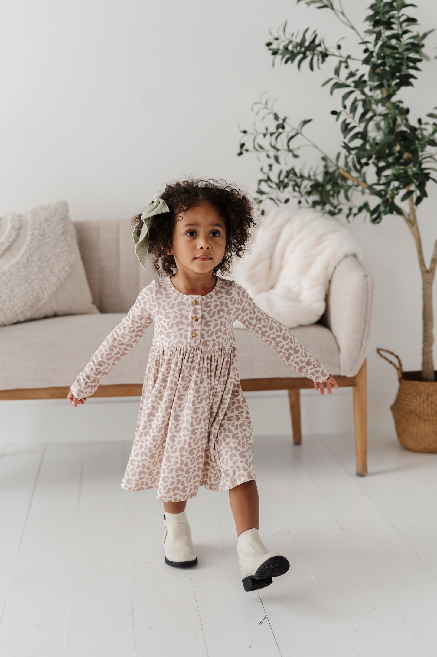 Long Sleeve Henley Dress - Lilac Leopard