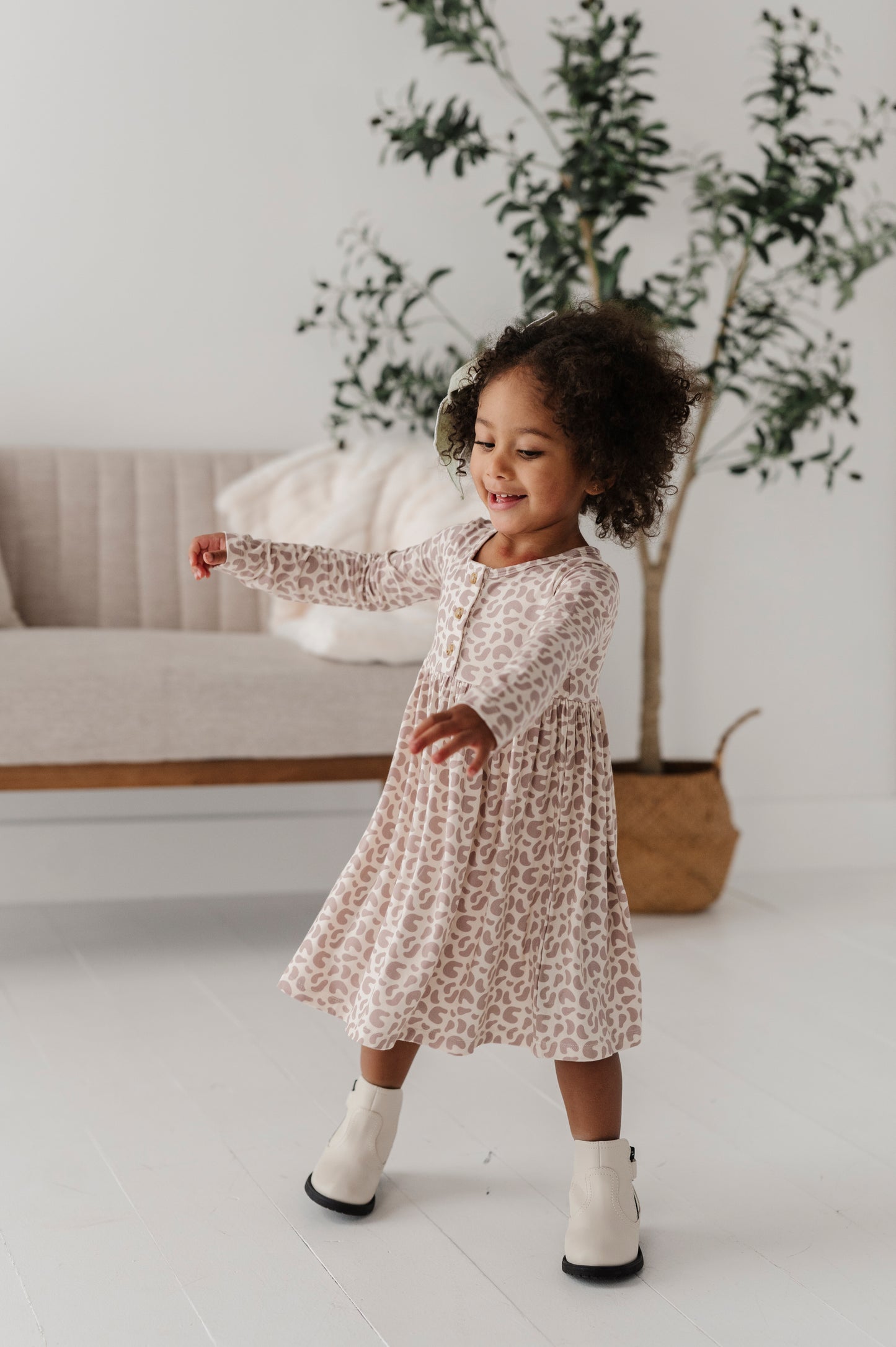 Long Sleeve Henley Dress - Lilac Leopard