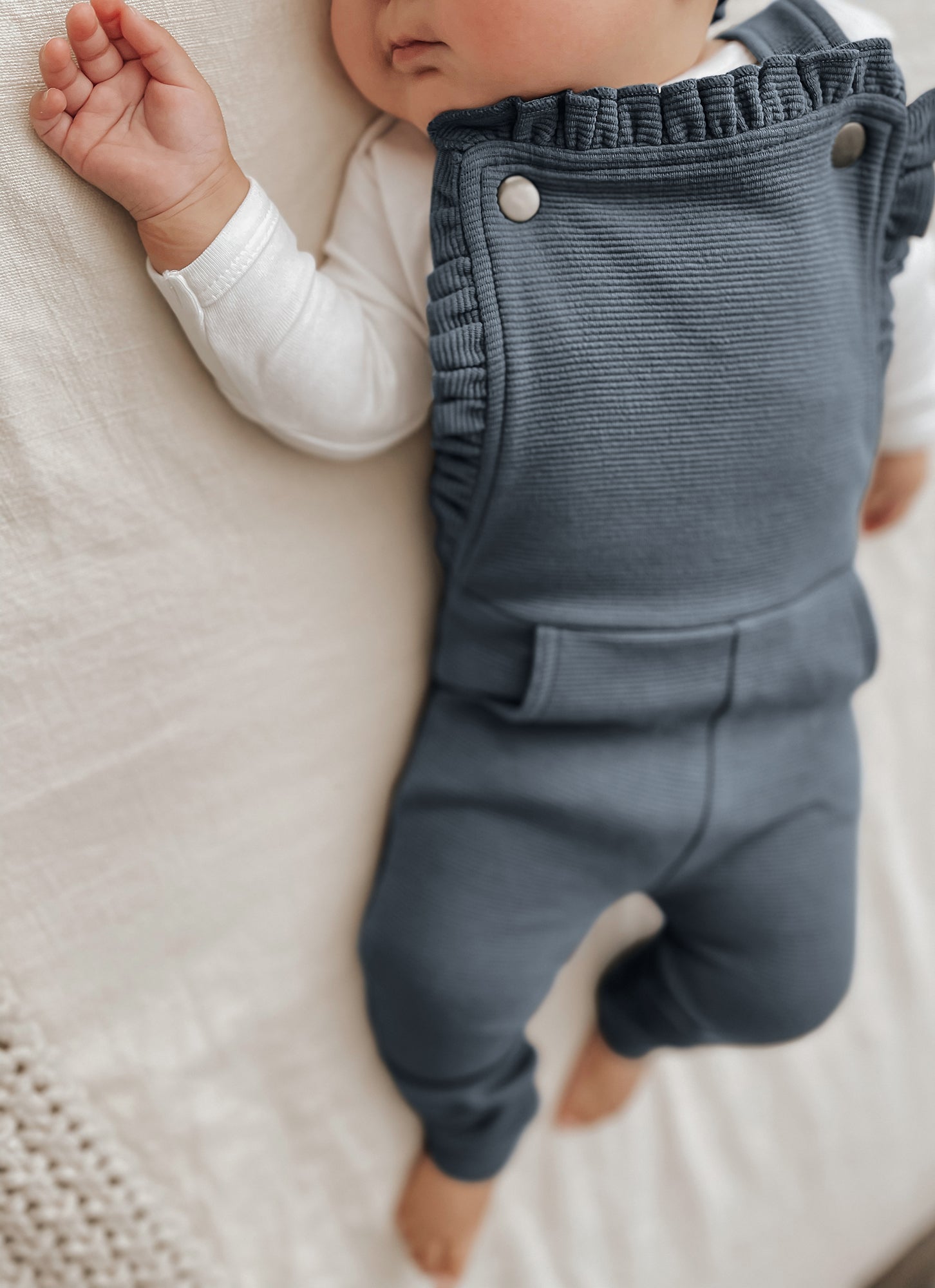 Corduroy Ruffle Romper in Moonstone Corduroy Ruffle Romper in Moonstone