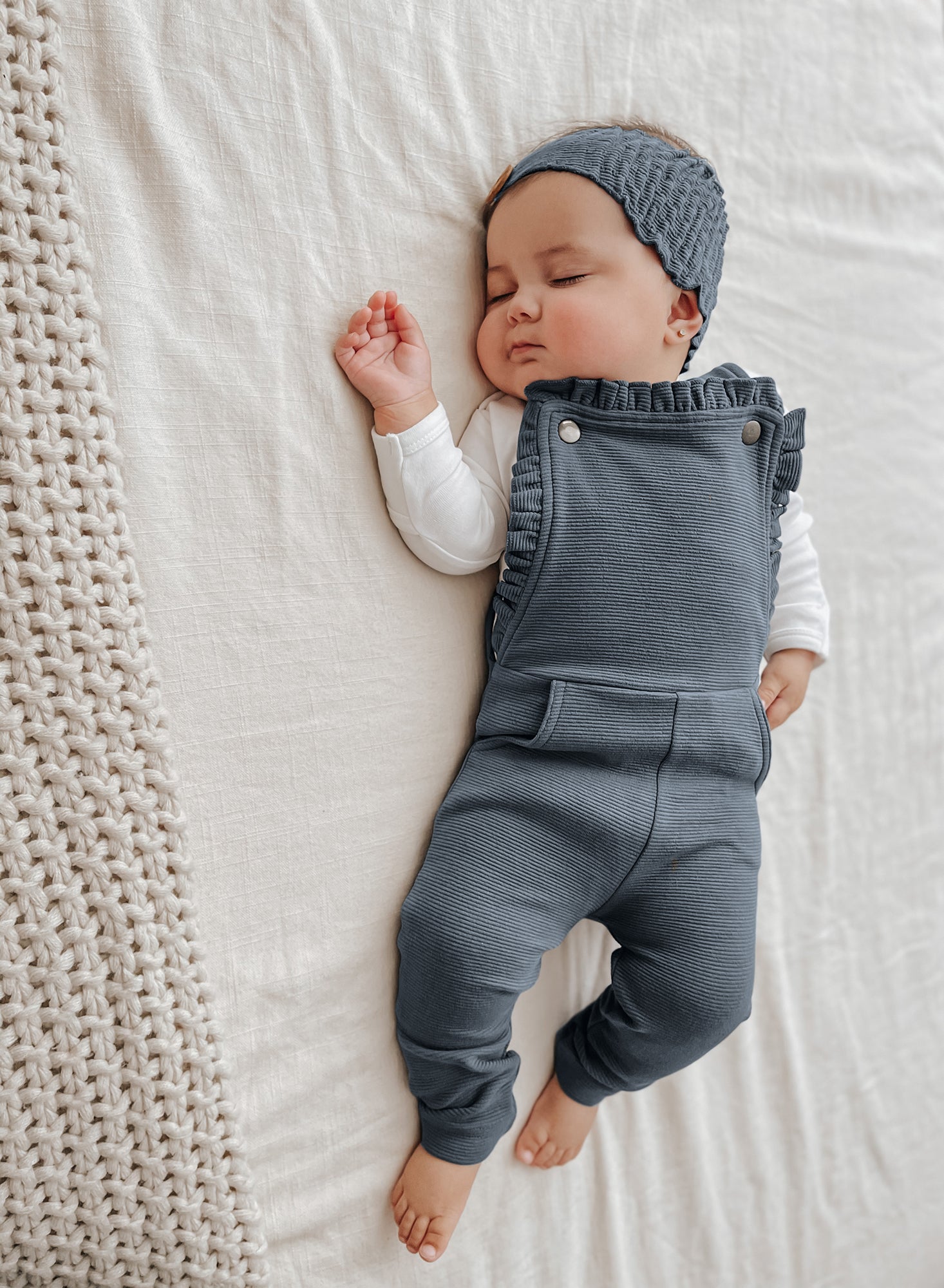 Corduroy Ruffle Romper in Moonstone Corduroy Ruffle Romper in Moonstone