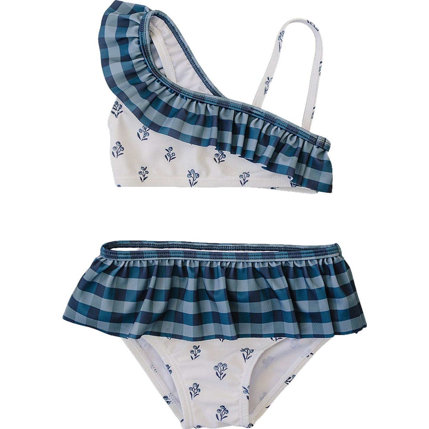 Flat lay of the Mebie Baby Cream Berry Ruffle Shoulder Bikini Set, a girls’ two-piece swimsuit with blue plaid ruffle one-shoulder top and floral ruffle waist bottoms, displayed on a white background.