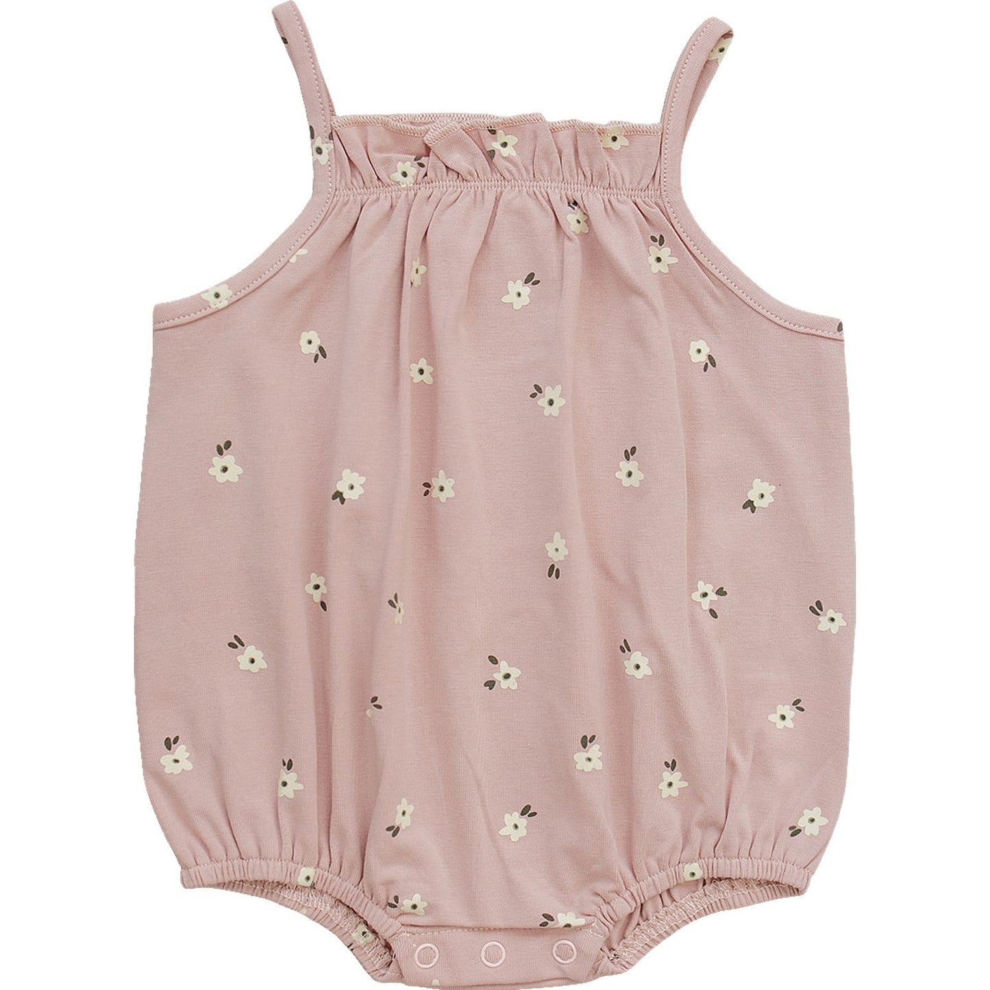 Flat lay of the Mebie Baby Floral Tank Bubble Romper, a pink baby romper with delicate white floral pattern, elastic leg openings, and snap closures, displayed on white background.