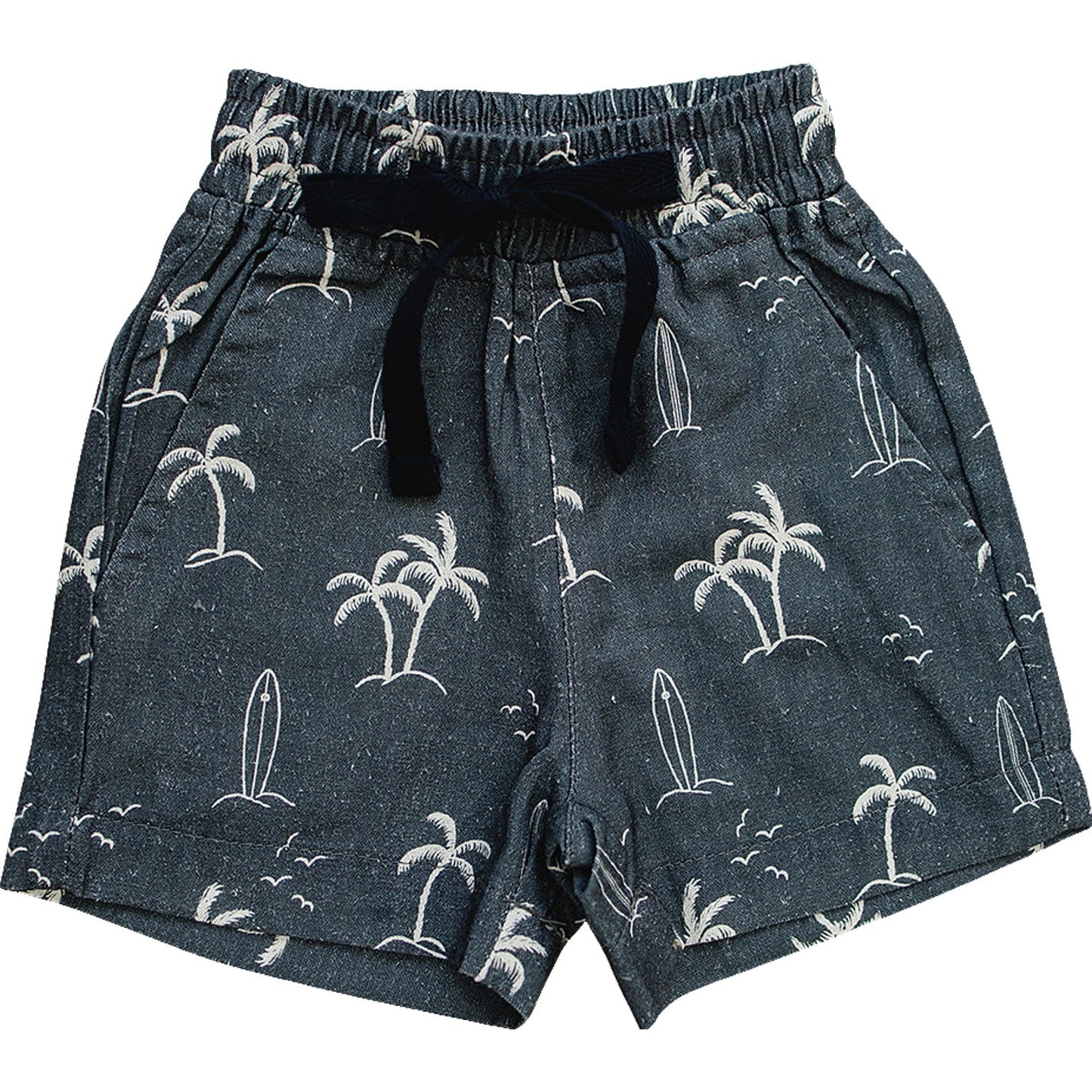 Flat lay of Mebie Baby Navy Surfer Linen Cotton Shorts, dark blue shorts with palm tree and surfboard print, elastic waistband, and black drawstring, displayed on white background.