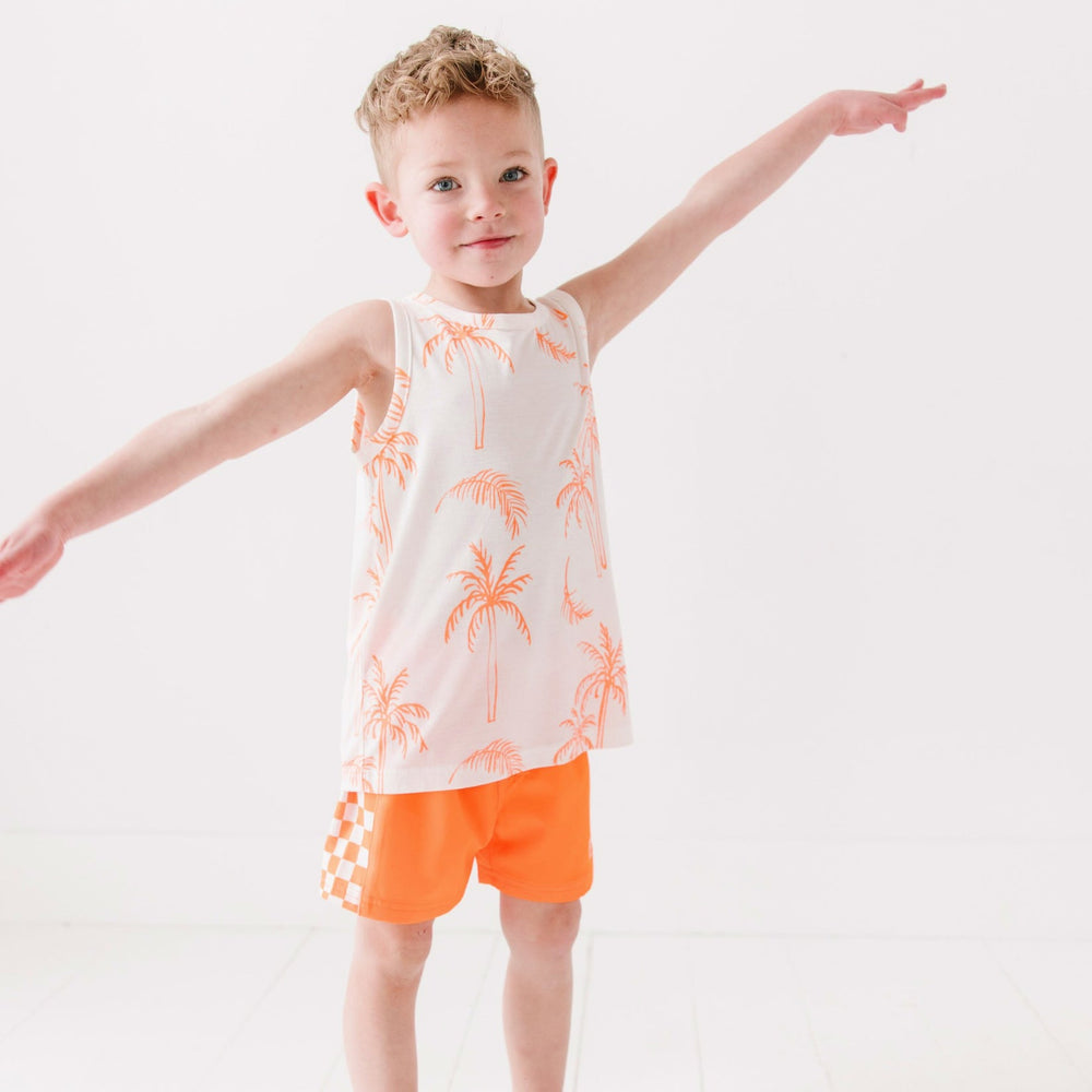 
                  
                    Neon Orange Checkered Swim Trunks
                  
                