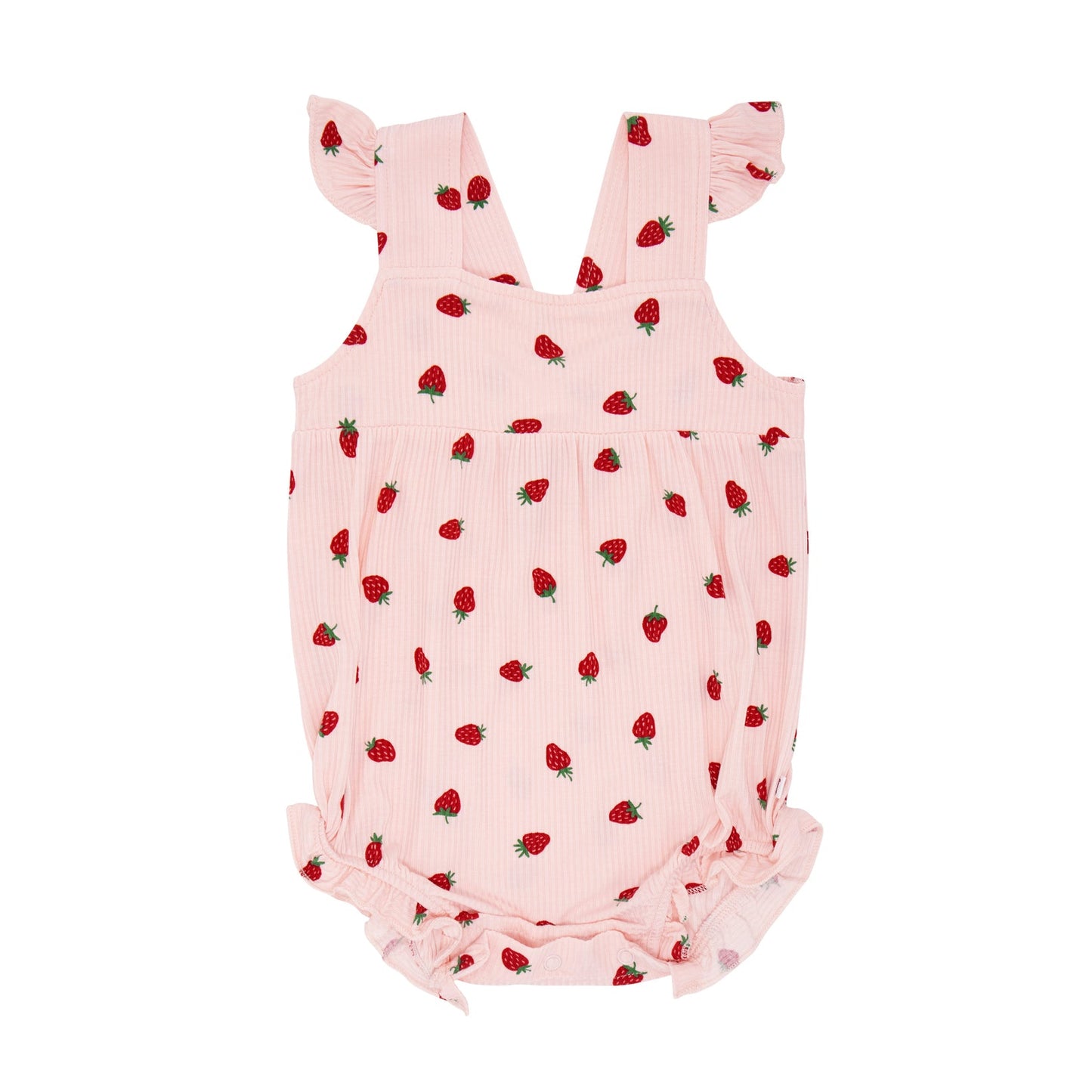 
                  
                    Flat lay of baby girl’s pink ribbed romper with red strawberry print, flutter sleeves, and snap closure at bottom.
                  
                