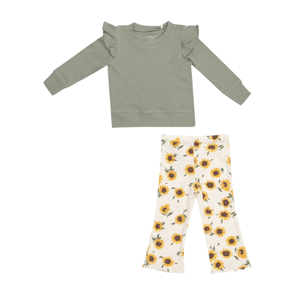 Baby Sunflowers Ruffle Shoulder Waffle Shirt with Flare Pant