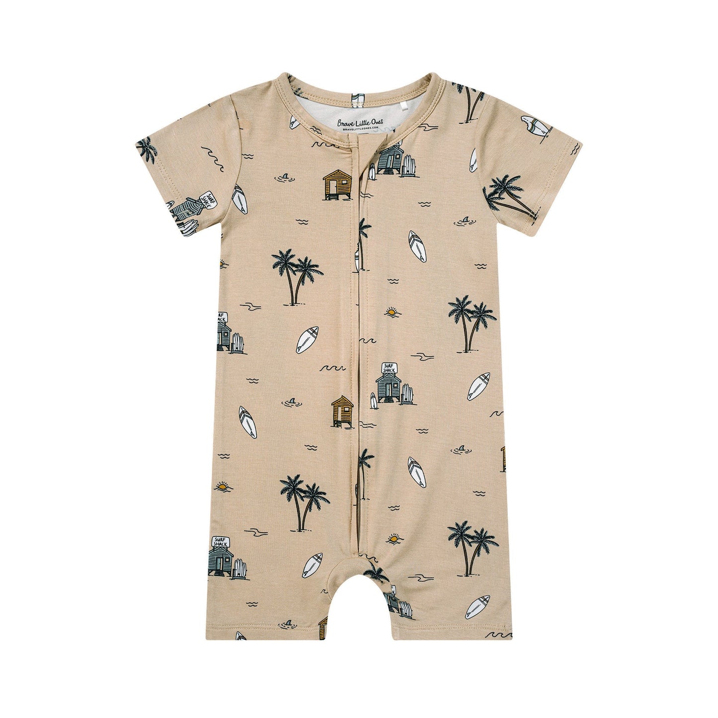 
                  
                    Flat lay of tan Surf Shack zip romper by Brave Little Ones with short sleeves and beach-themed illustrations.
                  
                