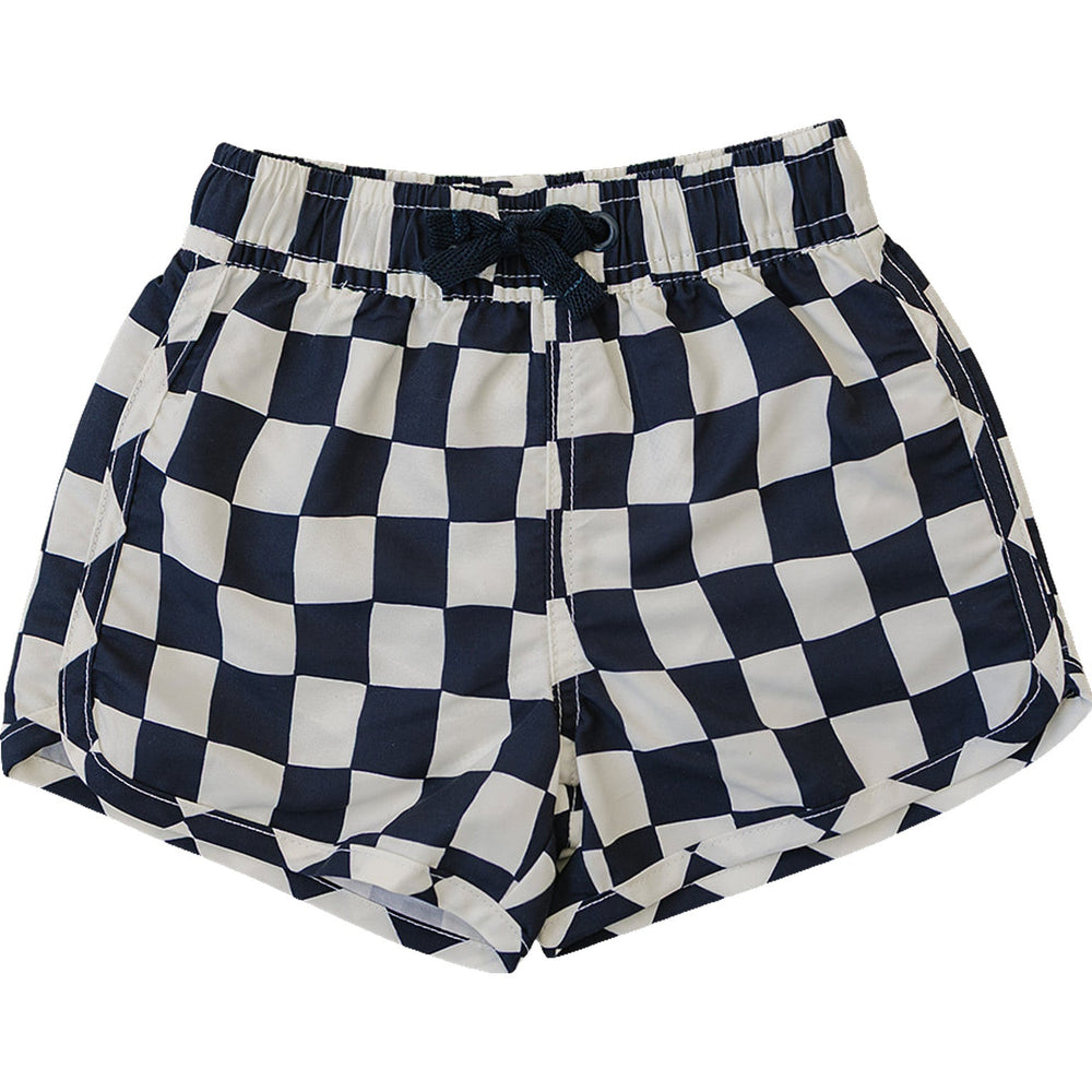Flat lay of Mebie Baby Wavy Checkered Swim Shorts, black and white wavy checker pattern swim trunks with elastic waist and drawstring, displayed on white background.