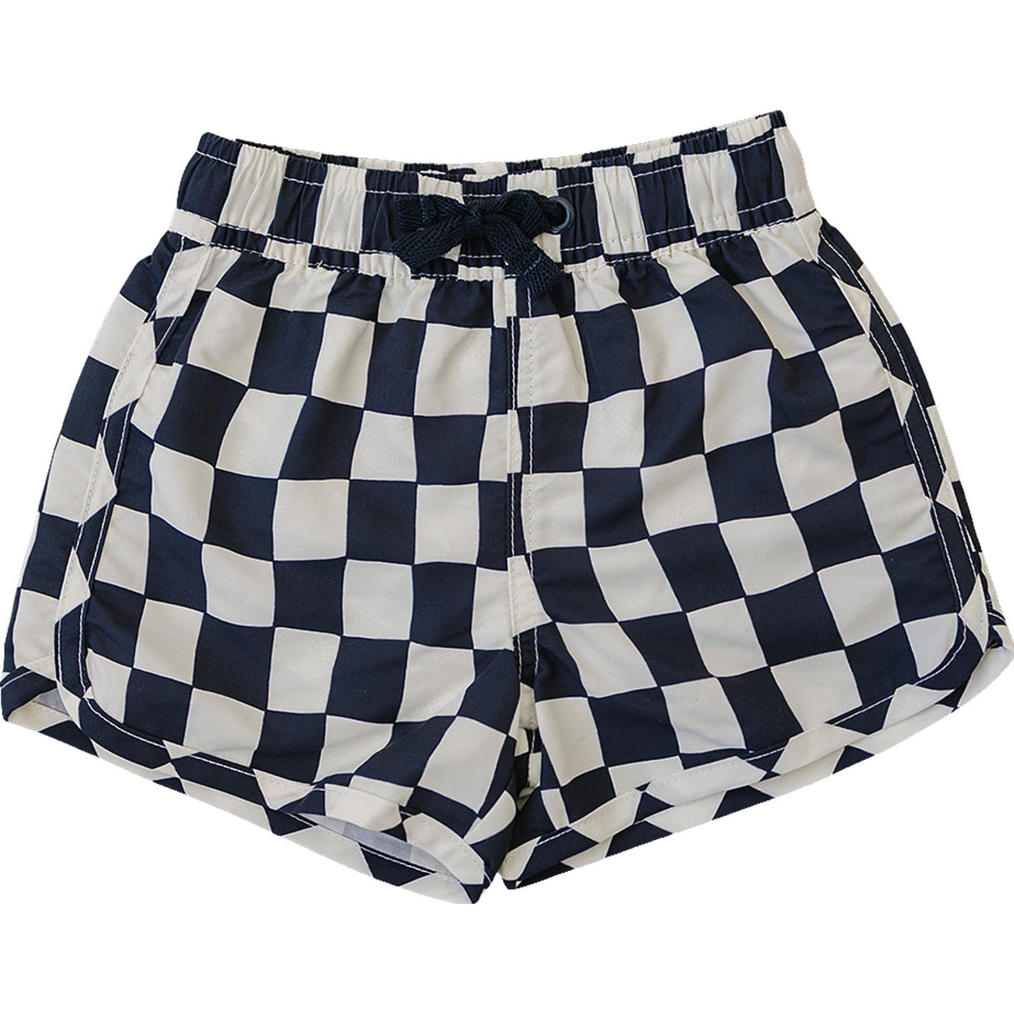 Flat lay of Mebie Baby Wavy Checkered Swim Shorts, black and white wavy checker pattern swim trunks with elastic waist and drawstring, displayed on white background.
