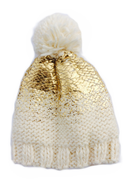 Pearl Metallic Hat with Fur Pom, Cream and Gold