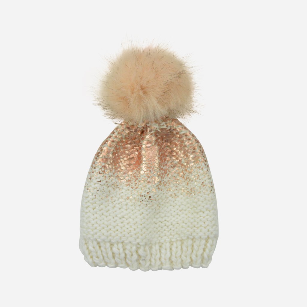 
                  
                    Cream and Rose Gold Pearl Metallic Hat with Fur Pom
                  
                