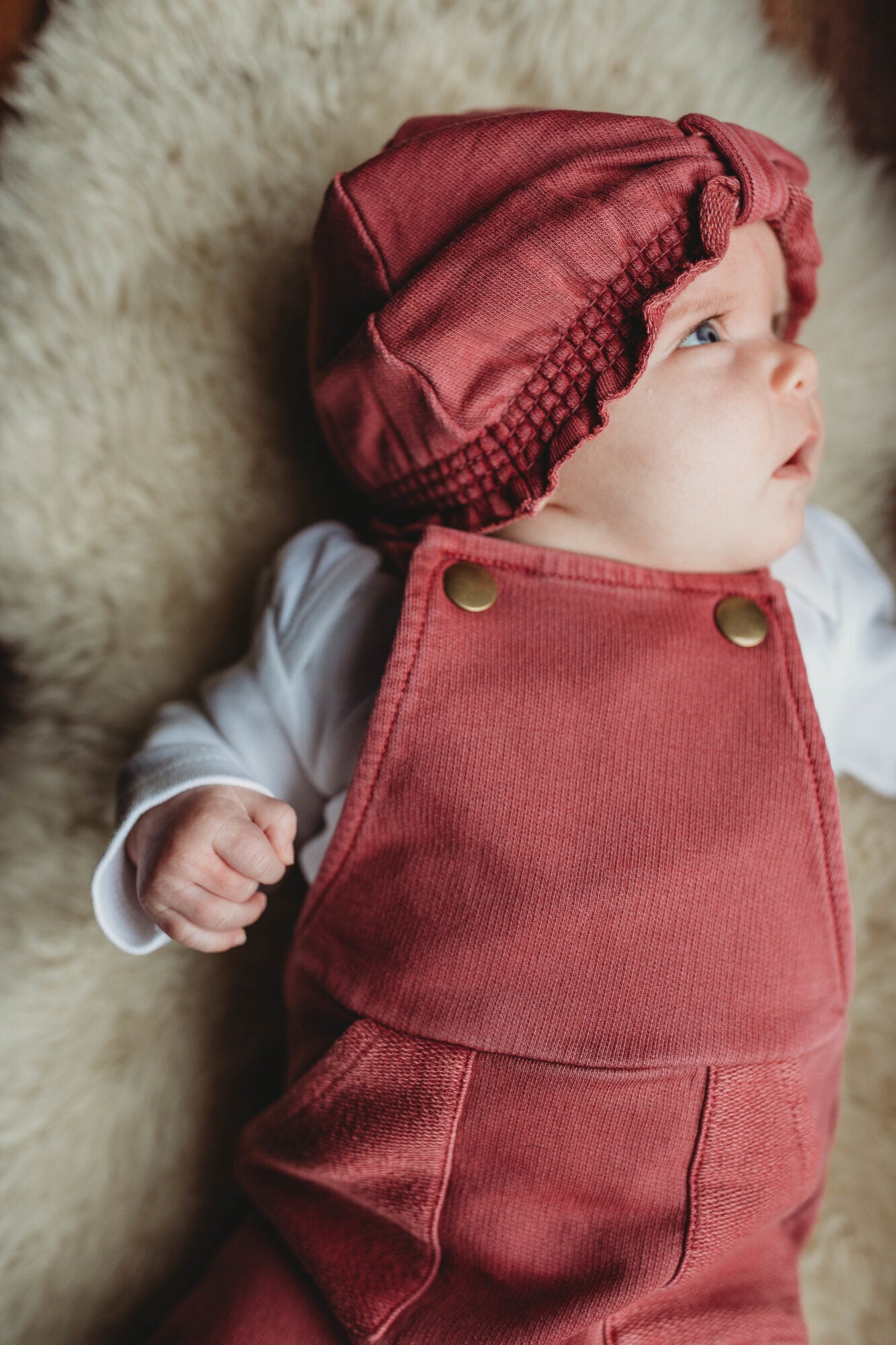 
                  
                    French Terry Overall Romper in Appleberry
                  
                