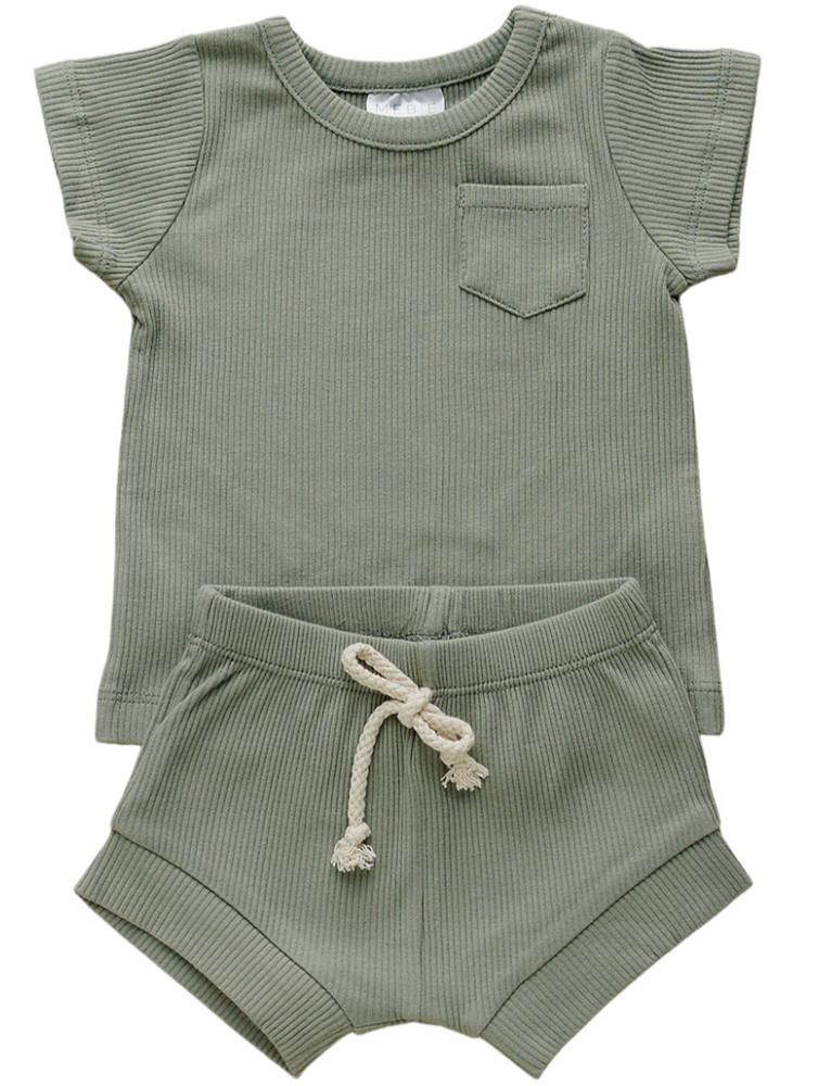 Taupe Checkered Two-Piece Button Set by Mebie Baby 0-3 Months