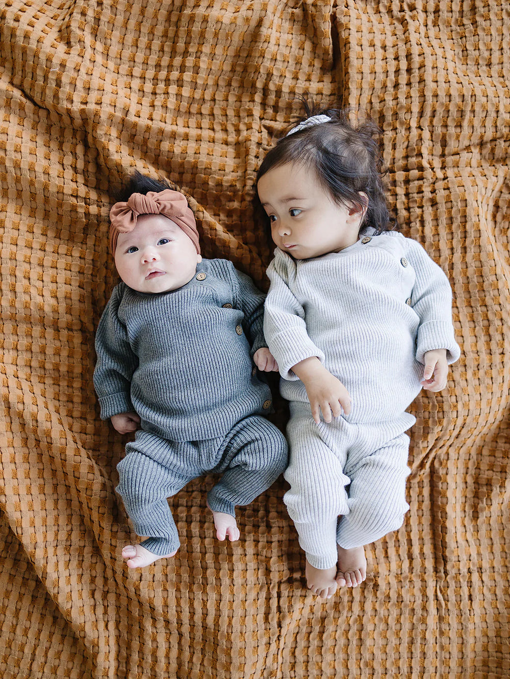 Taupe Checkered Two-Piece Button Set by Mebie Baby 0-3 Months