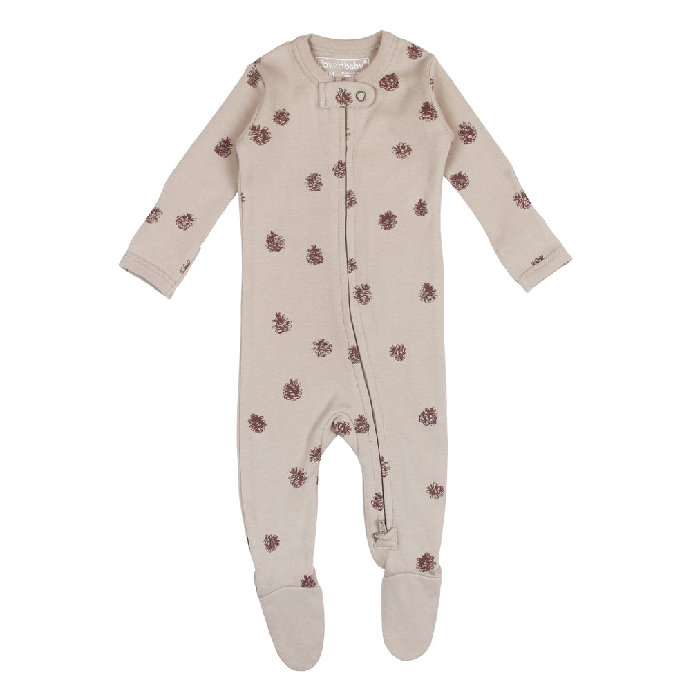 Organic Zipper Footie Print in Oatmeal Pinecone