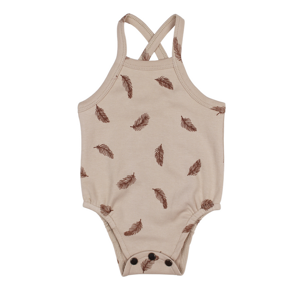 Printed Criss-Cross Bodysuit in Oatmeal Feather