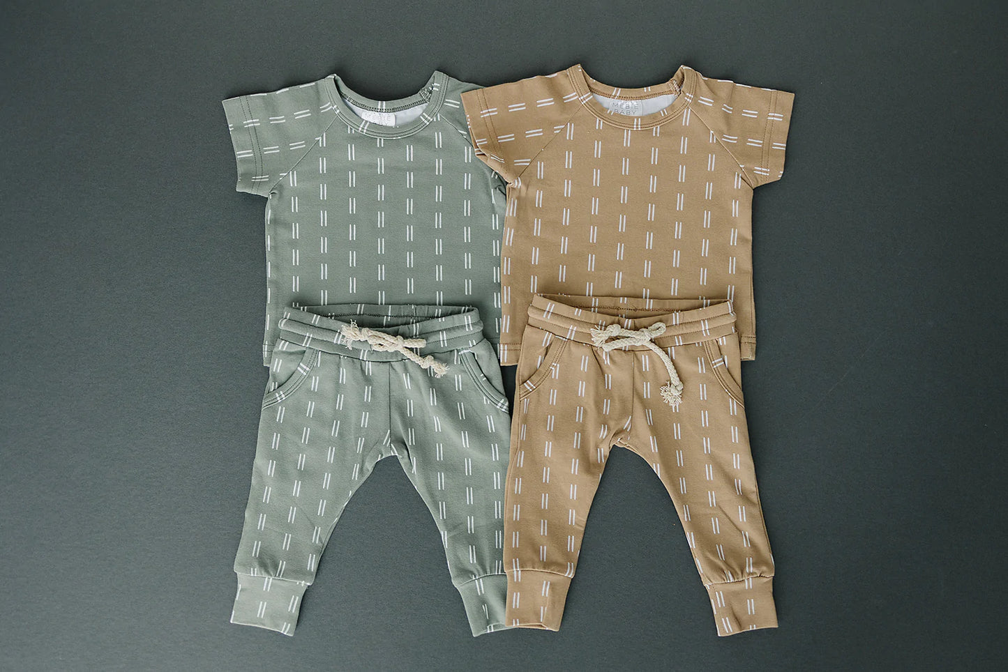 Taupe Checkered Two-Piece Button Set by Mebie Baby 0-3 Months